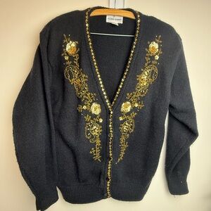 Alfred Dunner EUC  Vintage Black Cardigan with Gold Embroidery